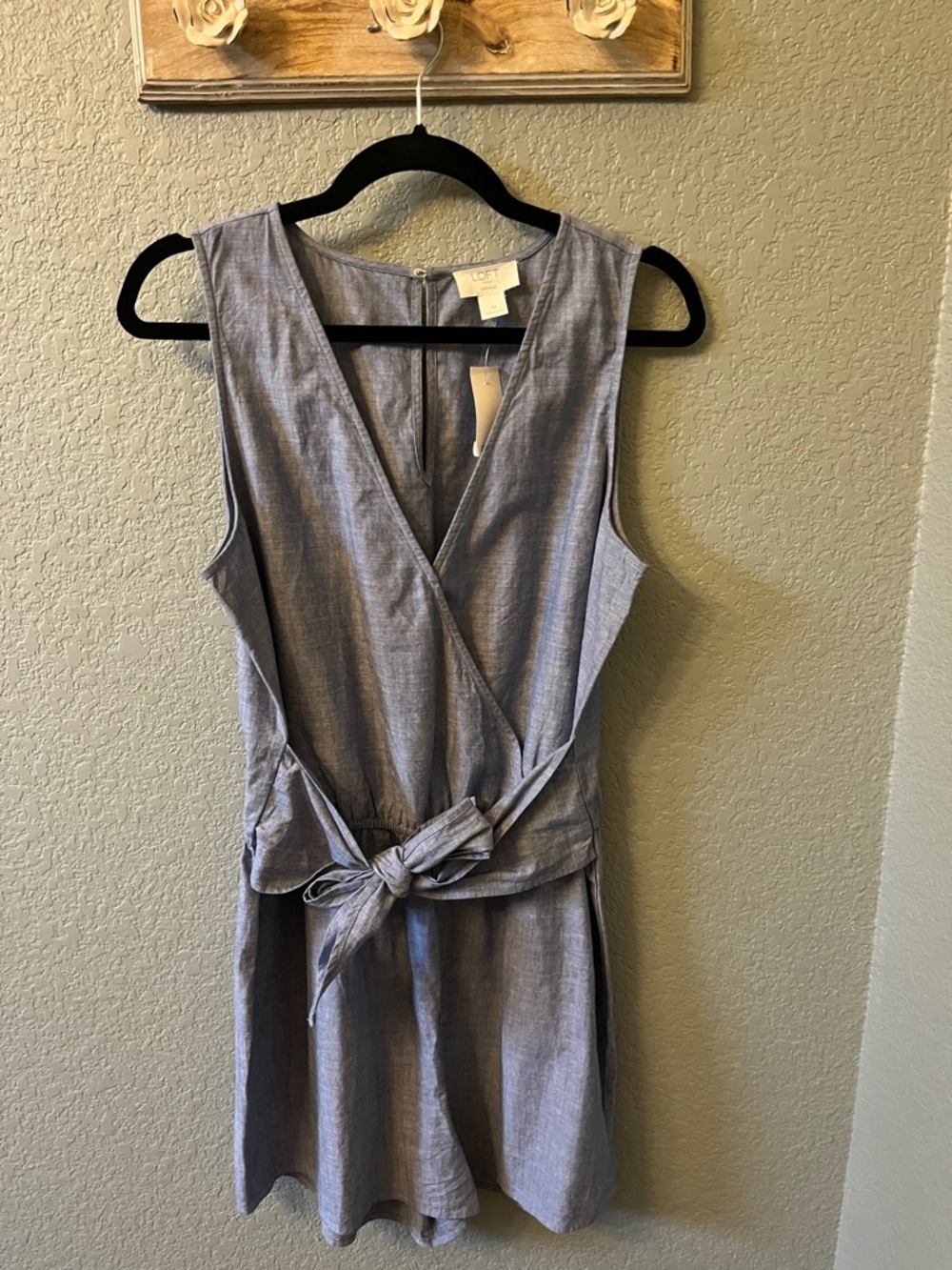 LOFT Chambray Blue Sleeveless Wrap Romper with Tie Waist